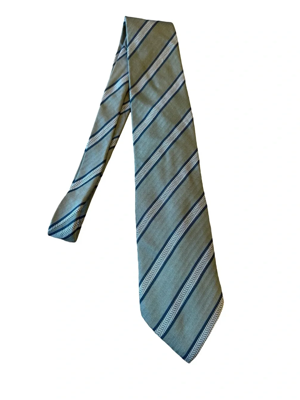 Giorgio Armani Cravatte Silk Tie Olive Green Navy Stripe Herringbone Italy 3.5